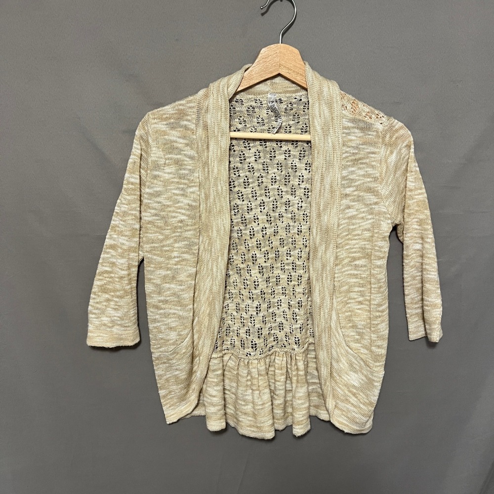 Absolutely Cardigan Open Front Knit Ruffle Hem 3/4 Sleeve Beige Size S - Picture 3 of 6